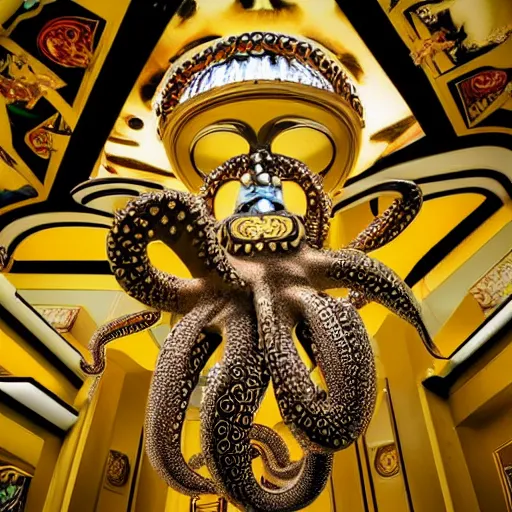 Prompt: close up of a female fashion model in year 3000 in art-deco entrance hall, model wearing a huge surreal Avant-garde octopus in gold, photography , official Versace editorial , highly detailed