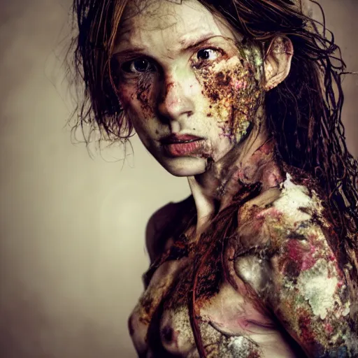 Prompt: heroine, astonishingly beautiful woman in tattered clothes revealing body, hyperrealistic, 8 k, highly detailed, a real photographic, digital art, realistic