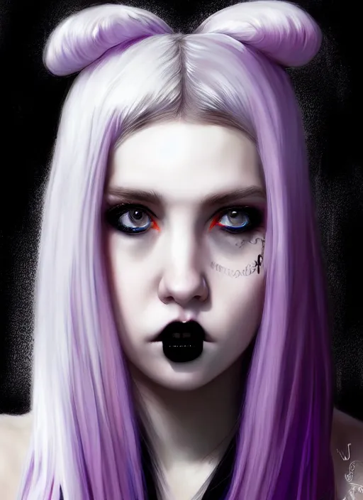 Image similar to portrait of white teenage girl, normal face, white bangs, mall goth, cyberlox, black and white hair, bangs, fluffy bangs, red contact lenses, purple lipstick, intricate, elegant, highly detailed, digital painting, artstation, concept art, sharp focus, smooth, illustration, art by wlop, mars ravelo and greg rutkowski