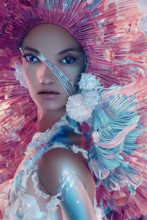 Image similar to an epic puerto rican model, subject made of white melting porcelain, mesh headdress, chrome mask, flowing dress, with cerulean and pastel pink bubbles bursting out, delicate, beautiful, intricate, melting into vulpix, houdini sidefx, by jeremy mann and ilya kuvshinov, jamie hewlett and ayami kojima, bold 3 d