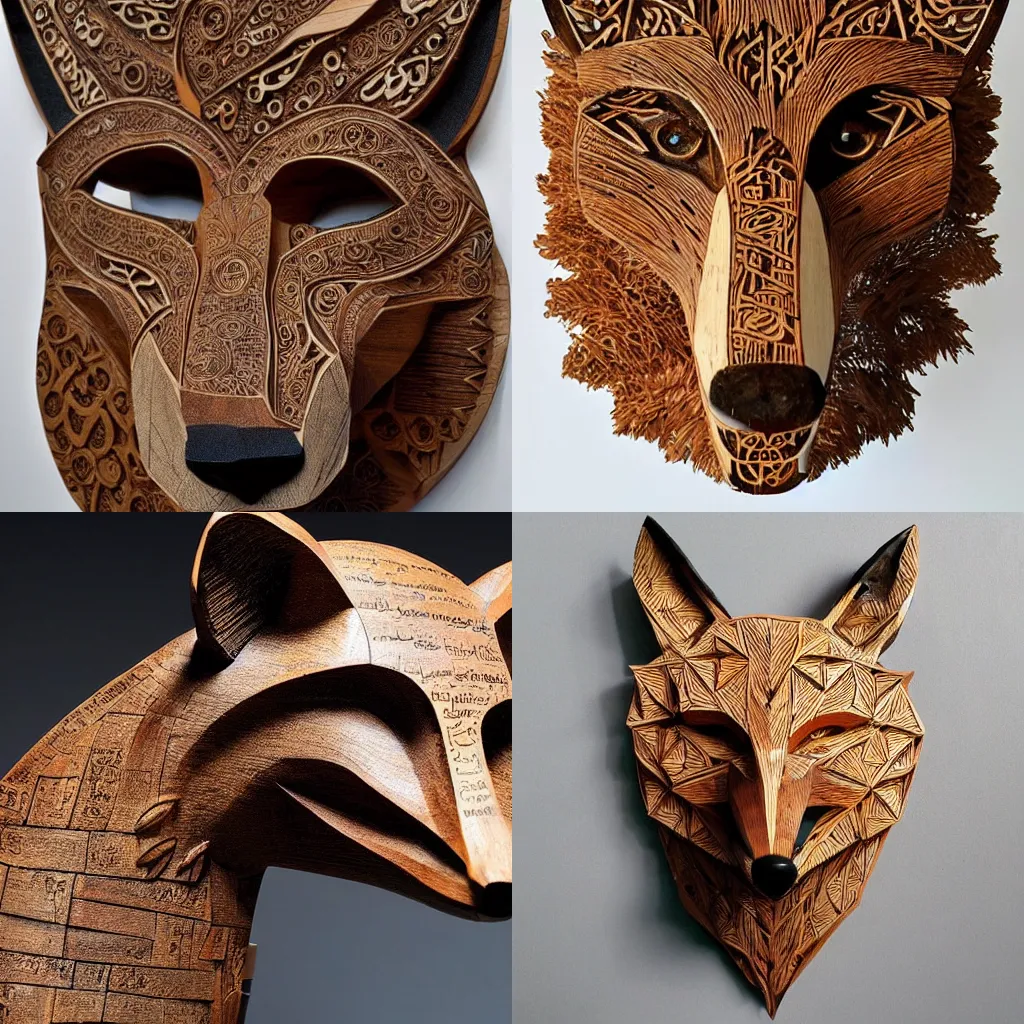 Low poly Art Deco metal sculpture of a wolf head, flat