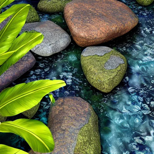 Prompt: tropical leaves, flora and fauna and flowery rocks closeup by rippling blue water, path traced, environment, highly detailed, concept art, realistic, octane render, up close shot