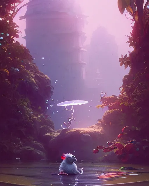 Image similar to highly detailed vfx portrait of a cute little rat casting water magic, unreal engine, greg rutkowski, loish, rhads, beeple, makoto shinkai and lois van baarle, ilya kuvshinov, rossdraws, tom bagshaw, alphonse mucha, global illumination, detailed and intricate environment