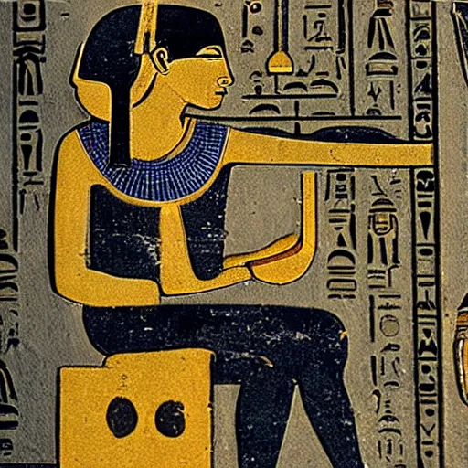 Image similar to ancient egyptian hieroglyphs depicting a person listening to a Walkman CD player