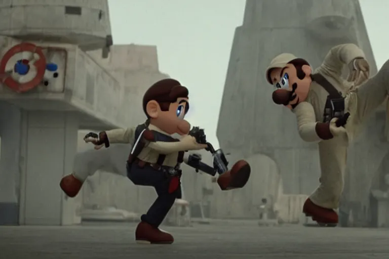 Prompt: a film still from the movie Star Wars of a real life Super Mario fighting