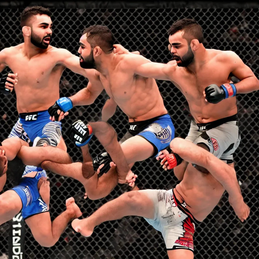 Image similar to ufc fight between rohit sharma & virat hohli in octagon, ultra realistic, highly detailed, canon 3 5 mm photography