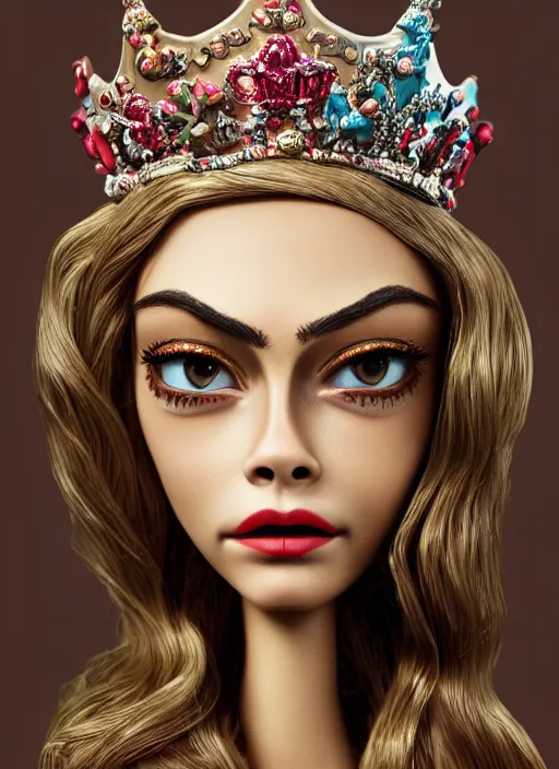 Image similar to closeup face profile portrait of a tin toy cara delevingne as a fairytale princess wearing a crown, bikini, depth of field, zeiss lens, detailed, symmetrical, centered, fashion photoshoot, by nicoletta ceccoli, mark ryden, lostfish, breathtaking, 8 k resolution, extremely detailed, beautiful, establishing shot, artistic, hyperrealistic, octane render