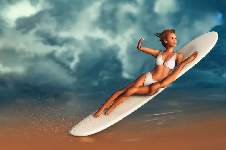 Image similar to girl surfing on a cloud, 4 k, ultra details, cinematic, epic style, beautiful photo, hyper realistic, octane render, unreal engine, award winning, on artstation, volumetric lightning, masterpiece, golden hour,