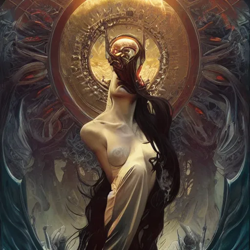 Image similar to a beautiful death metal cover art, highly detailed, digital painting, artstation, concept art, sharp focus, illustration, art by alex ross and greg rutkowski and alphonse mucha