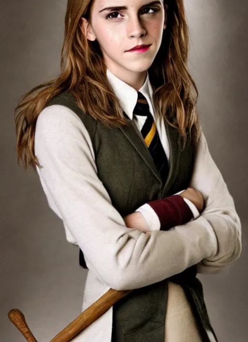 Prompt: emma watson as hermione granger in her school uniform, holding her broomstick, photo shoot, cute