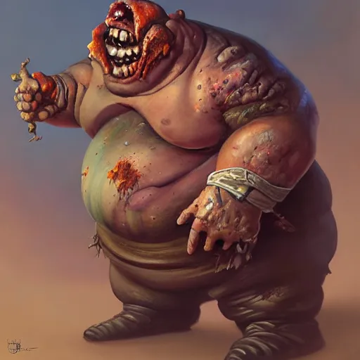 Prompt: a detailed painting of a fat zombie, by justin gerard, digital art, realistic painting, dnd, character design, trending on artstation