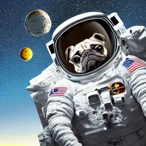 Image similar to hyper realistic, highly detailed, astronaut pug in space.