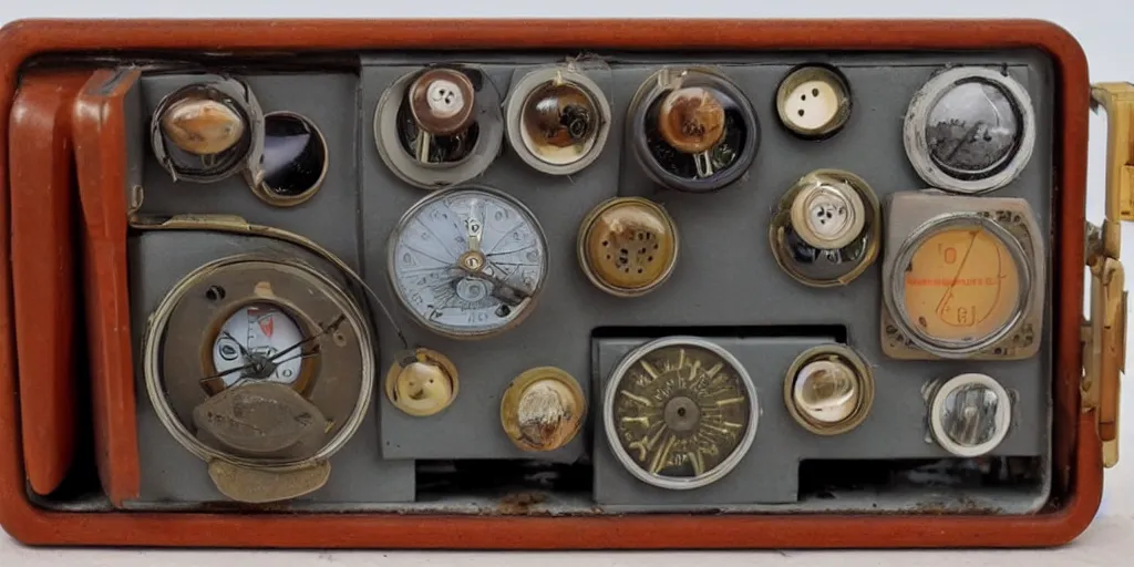 Prompt: 1 9 6 0 s soviet bakelite television, nixie tubes, buttons, wooden casing