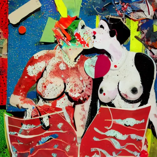 Image similar to two lobster women kissing at a carnival, mixed media collage, retro, paper collage, magazine collage, acrylic paint splatters, bauhaus, abstract claymation, layered paper art, sapphic visual poetry expressing the utmost of desires by jackson pollock