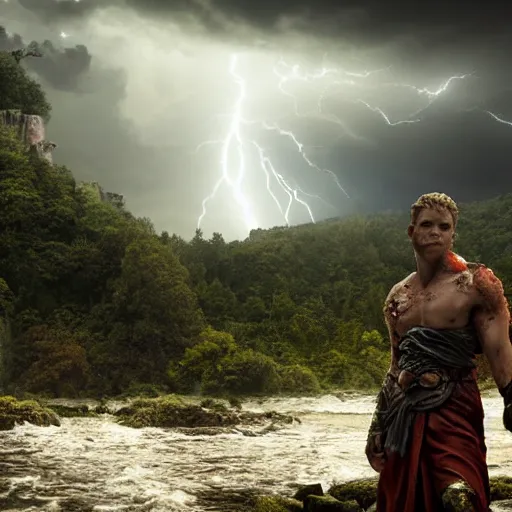 Image similar to a very weak nerd person destroys a God, godrays, epic fights, dramatic poses and scenery, thunderstorm, rtx on, cinematic, movies you do not want to miss, a powerful being losing to a weakling, amazing effects, 4k UHD, Award winning photograph, extremely highly detailed majestic hi-res beautiful