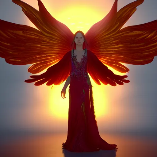 Image similar to a beautiful orchid phoenix angel woman, in an ornamented dress with large wings, octane, unreal engine, volumetric light, god rays, 8 k high resolution, rubies