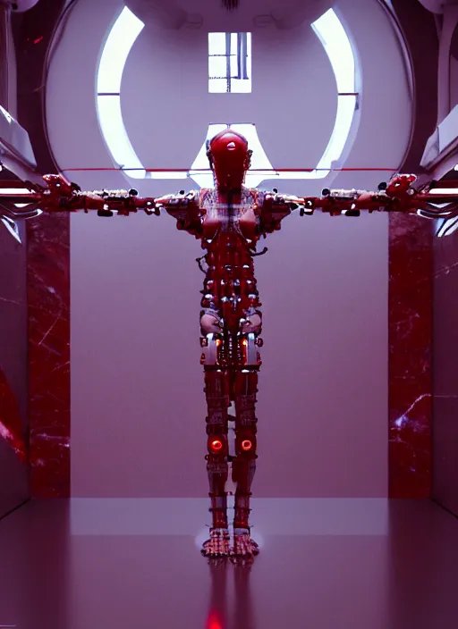 Image similar to , high detailed space station interior, a statue jesus on cross made of red marble, perfect symmetrical body, full body shot, white biomechanical, wearing epic bionic cyborg implants, masterpiece, intricate, biopunk, vogue, highly detailed, artstation, concept art, cyberpunk, octane render