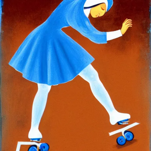 Prompt: blonde nun in blue clothes on roller skates, body shot, in the style of michaelangelo