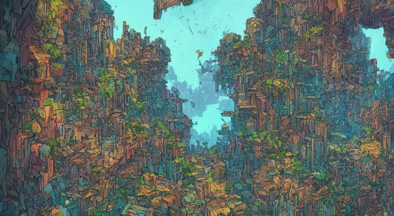 Image similar to open door wood wall fortress greeble block amazon jungle on portal unknow world ambiant fornite colorful that looks like it is from borderlands and by feng zhu and loish and laurie greasley, victo ngai, andreas rocha, john harris