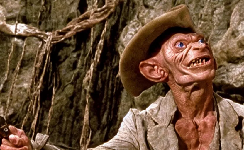 Image similar to a still of gollum as indiana jones in in indiana jones and the last crusade ( 1 9 8 9 ),