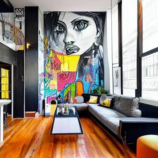 Image similar to trendy loft with modern murals on the wall, contemporary art and patterns, interior design, attractive architecture