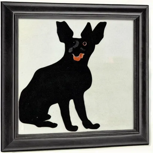 Image similar to a small black dog with big ears drinking beer by charles e. burchfield