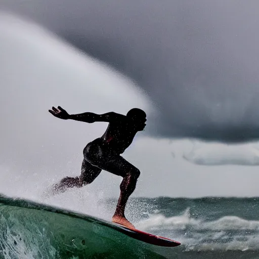 Prompt: a wide angle dynamic action photo of a black man with dreadlocks surfing in a thunderstorm, large violent waves, by clark little and chebokha.
