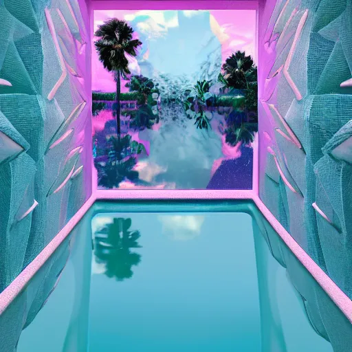 Image similar to hyperrealistic geometric objects in a surreal minimalistic 8 0's dreamscape environment by salvador dali, enormous emoji, highly detailed, 3 d render, octane, beautiful lighting, photorealistic, intricate, elegant, wayne barlowe, water, mirrors, pink doorway, beautiful, masterpiece, trending on artstation, palm tree