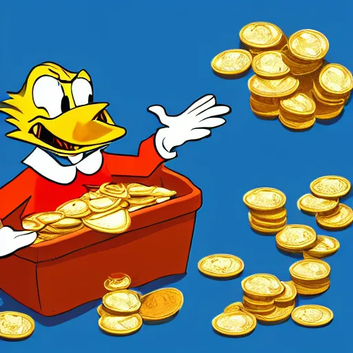 Image similar to scrooge mcduck the money bin filled with piles of gold coins and magic artifacts, artstation