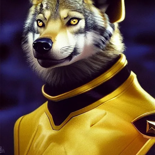 Image similar to a portrait of a wolf hyenaman canine star trek in a starfleet uniform chief engineer. highly detailed painting by gaston bussiere craig mullins jc leyendecker gustav klimt artgerm greg rutkowski furry