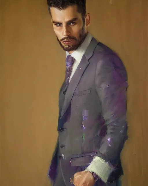 Prompt: An oil painting of a man in his twenties dressed in a purple suit, sleeked back hair, deranged face, highly realistic, highly detailed, 4k, by Greg Rutkowski, trending on artstation