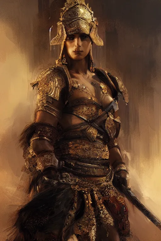 Image similar to babylonian warrior, portrait, fierce, intricate, elegant, volumetric lighting, scenery, digital painting, highly detailed, artstation, sharp focus, illustration, concept art, ruan jia, steve mccurry