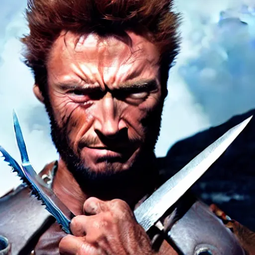 Prompt: Clint Eastwood as Wolverine, stabbing Sabertooth with sharp metal pieces from his fist, angry face, hyper realistic, high detail skin