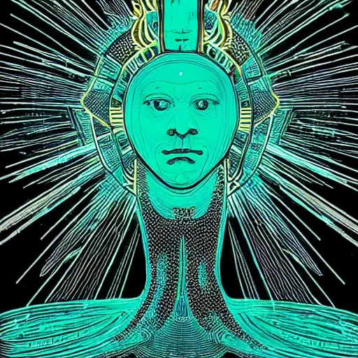 Image similar to 2 d neon teal circuit board background fused with an unknown deity with shards of light emitting outwards, black fine lines on teal, stanley donwood, victo ngai