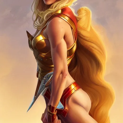 Image similar to Bar Rafaeli with blonde hair as She-Ra, western, D&D, fantasy, intricate, elegant, highly detailed, digital painting, artstation, concept art, matte, sharp focus, illustration, art by Artgerm and Greg Rutkowski and Alphonse Mucha