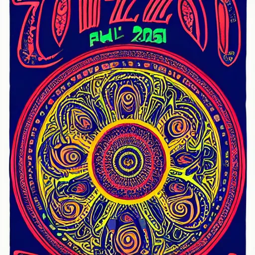 Image similar to Fillmore concert poster for The Bozone April 20, 1969 by Victor Moscoso and S. Clay Wilson, psychedelic, intricate paisley filigree mandala, day-glo colors, flowing lettering