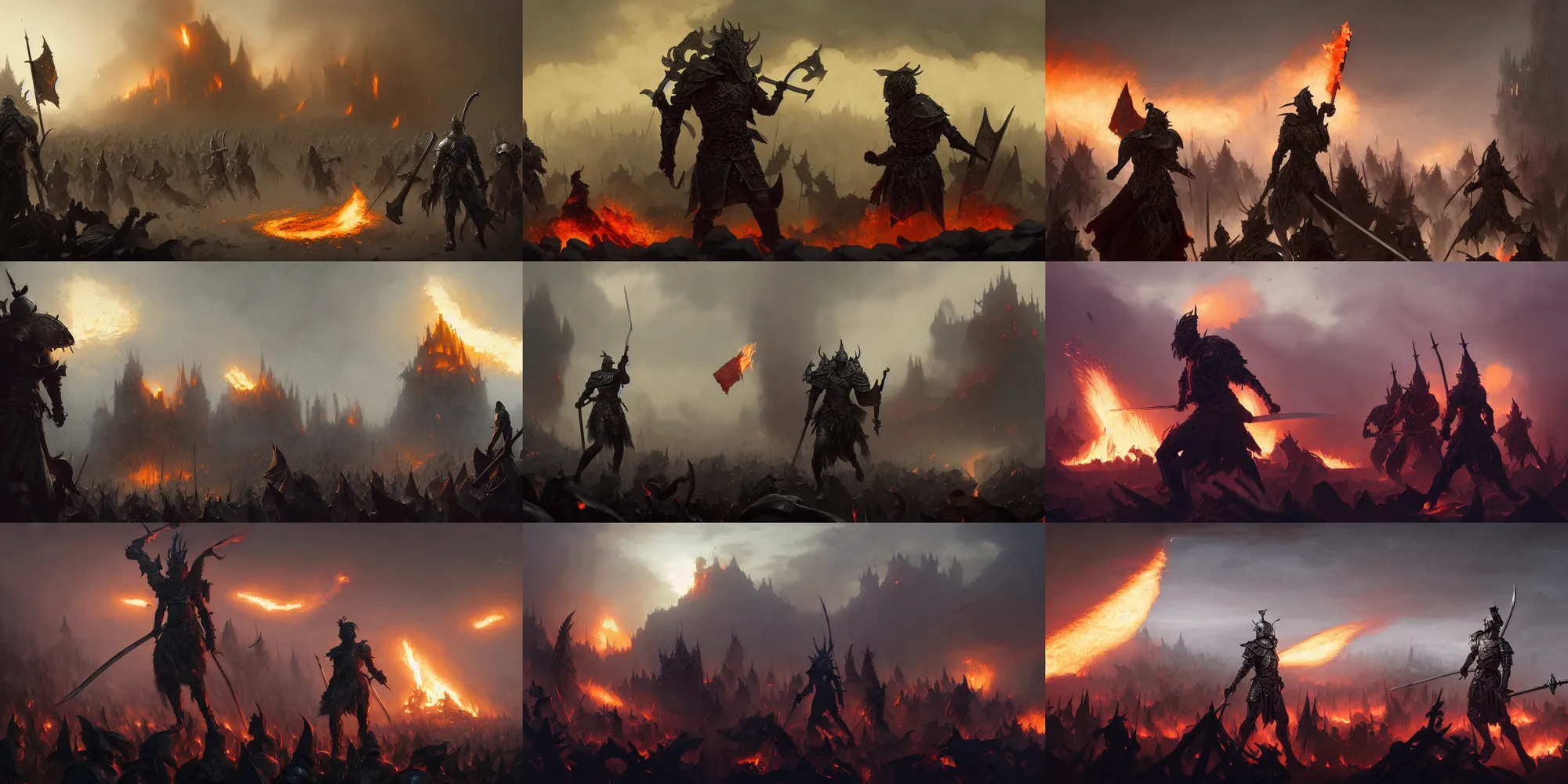 Prompt: male warrior silver armor, sword, fantasy, piles of bodies, fire, flags, smoke clouds, particles, village castle on fire in distance, digital illustration, cinematic lighting, extreme long shot, ruan jia, greg rutkowski, raphael lacoste, wlop, yuumei, marc simonetti, artgerm, tom bagshaw