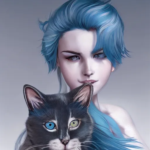 Prompt: a cute caucasian girl with blue hair holding a grey and white cat, full body portrait by Cedric Peyravernay, highly detailed, excellent composition, cinematic concept art, dramatic lighting, trending on ArtStation