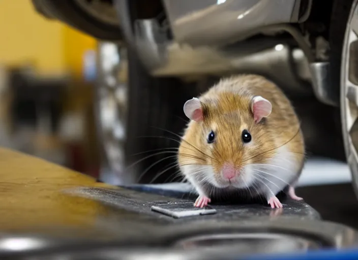 Image similar to film still of a hamster working as a mechanic in an auto shop, 8 k