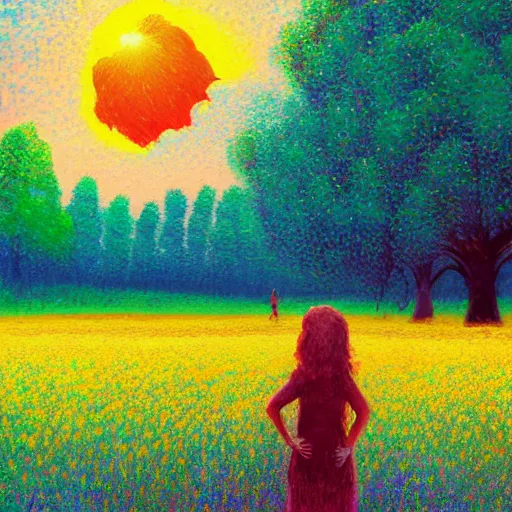 Prompt: girl merging with flower, standing in a flower field, big trees, sunrise dramatic light, impressionist painting, colorful clouds, digital painting, pointillism, artstation, simon stalenhag