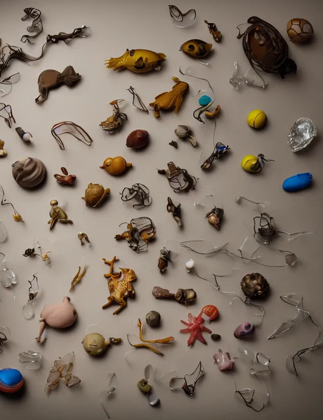 Prompt: a well - lit studio photograph of various earth - toned plastic toys floating in water, some wrinkled, some long, various sizes, textures, and transparencies, beautiful, smooth, detailed, intricate internal anatomy model