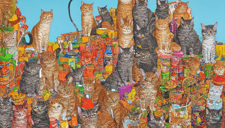 Image similar to highly detailed contemporary acrylic painting of really tall sitting cats by geof darrow, thick brush strokes and visible paint layers, vivid multicolor scheme