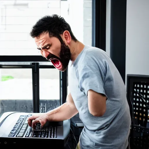 Prompt: A man yelling at his computer, XF IQ4, 150MP, 50mm, F1.4, ISO 200, 1/160s, natural light