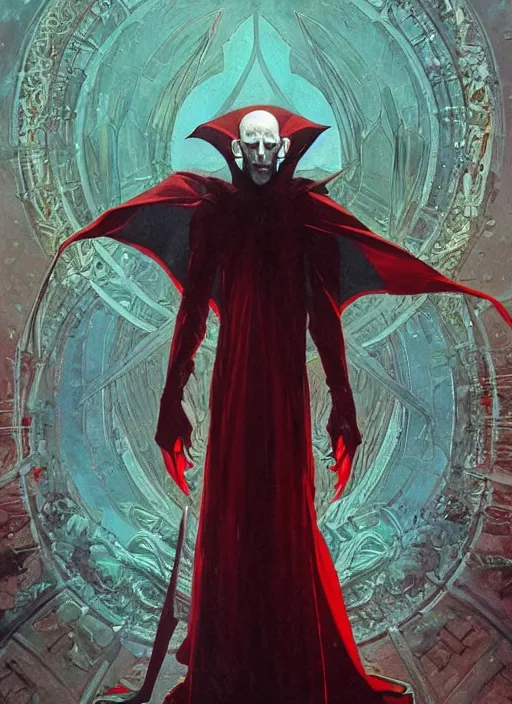 Image similar to symmetry! portrait of nosferatu, red spike aura in motion, floating pieces, painted art by tsuyoshi nagano, greg rutkowski, artgerm, alphonse mucha, spike painting