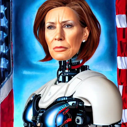 Image similar to extremely detailed portrait of the first beautiful female cyborg president of the united states of america. highly detailed lifelike photorealistic digital painting, artstation.