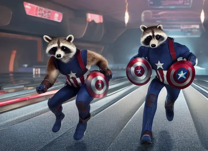 Prompt: film still of Rocket Racoon goes bowling in the new Avengers movie, 4k