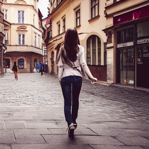 Prompt: 23 year old woman with long brown hair walking down the street in Prague, photorealistic, detailed