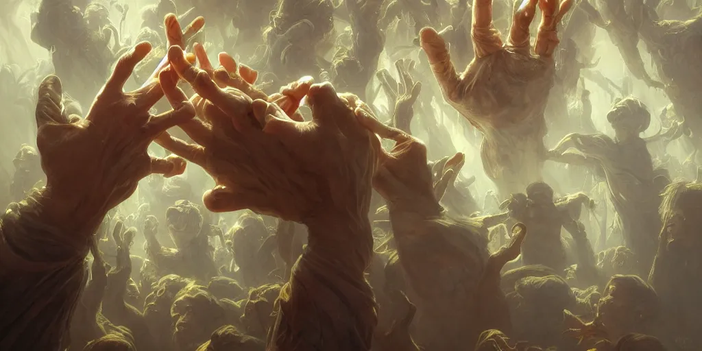 Image similar to too many hands, gnarled, so many hands, fingers, weird amount of hands, intense lighting, light beams, lens flare, intricate, elegant, highly detailed, digital painting, artstation, concept art, smooth, sharp focus, illustration, art by artgerm and greg rutkowski and alphonse mucha