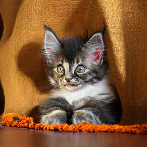 Prompt: a dark and dusty parlor. a dusty sunbeam shines into the room. in the middle is a playful maine coon kitten. the kitten bats toys around on a colorful tassel fringed rug. 8 k, 4 k, digital art, artstation