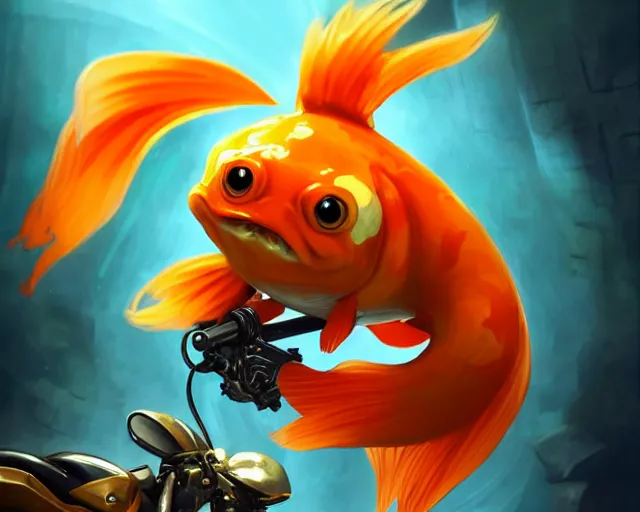 Prompt: a super cute anthropomorphic goldfish from final fantasy, sitting on a motorcycle, deep focus, d & d, fantasy, intricate, elegant, highly detailed, digital painting, artstation, concept art, matte, sharp focus, illustration, hearthstone, art by artgerm and greg rutkowski and alphonse mucha